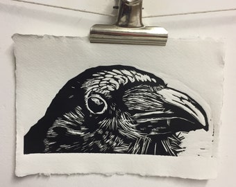 Linocut of a Raven on Khadi paper 150g