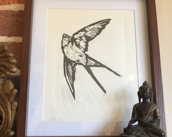 Schlucken Linolschnitt auf handgemachte Khadi Papier 210g