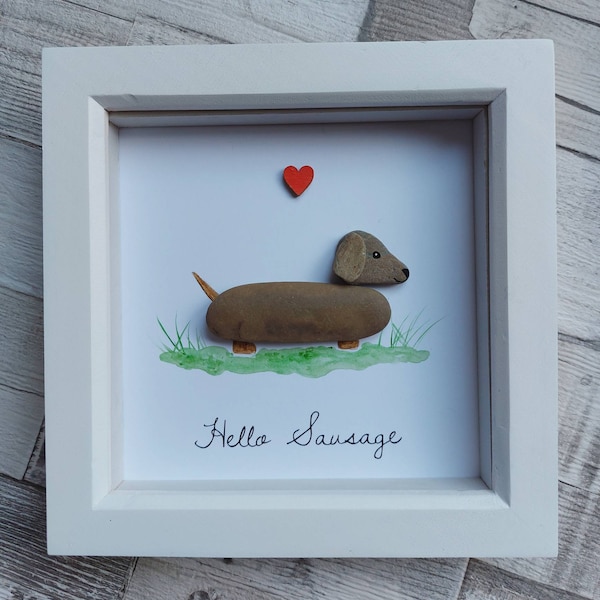 Hello sausage, pebble art picture, Sausage dog decor, frame, gift for her, gift for home,  box frame, beach art, Sausage dog gift