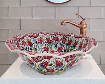 Ceramic Bathroom Sink, Curvy edge, Countertop basin, Hand painted basin, handmade pottery bowl sink, Mediterranean Sink, Bathroom Remodeling