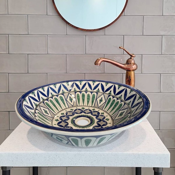 10" - 18" Ceramic Bathroom Sink, Countertop basin, Hand painted Pottery Basin, Mediterranean Washbasin, New Bathroom Remodeling, Rustic Sink
