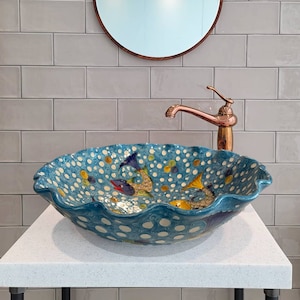 Fish and Sea Round Bathroom Sink, Curvy Edge, Ceramic Countertop Basin, Vessel Sink, Wash Bowl, Bathroom Remodeling, Interior Nautical Decor image 1