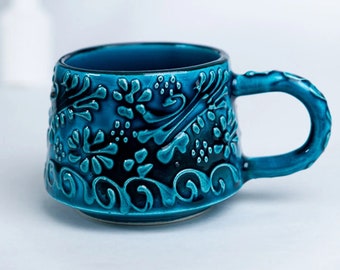 Turquoise Coffee Mug, Rustic Tea Cups, Morning Cup, Latte Pottery Mug Handle, Lead Free, Embossed Floral Design, Coffee Lover Christmas Gift