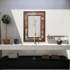 Bath Mirror, Wooden Frame Wall Art Mirror Ceramic Tile, Ornate Bohem Hanging Mirror, Rustic Mosaic Tile, Above console mirror, New Home Gift