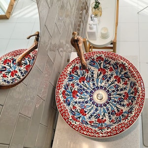 Hand Painted Floral Sink, Bathroom Countertop Ceramic Basin, Bathroom Vessel Vanity Sink, Mediterranean Bathroom, Round Washbasin, Cloakroom
