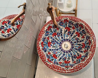 Lavabo floral pintado a mano, lavabo de cerámica para encimera de baño, lavabo de tocador de baño, baño mediterráneo, lavabo redondo, guardarropa