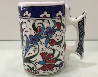 Ceramic Hand Painted Cup, Turkish Ceramic Tile Mug, Rustic Home Decor, Tankard, Red Blue Ottoman Coffee Mug, Beer Lovers, Mother's Day gift