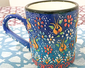 4 Different Hand Painted Clay Mug, Handmade Ceramic Colorful Pottery Mug , Turkish Traditional Tile Design,Keramos Style , Oriental Design