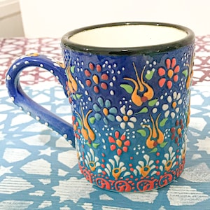 Choose 1 of 4 Design Hand Painted Clay Mug, Ceramic Colorful Pottery Mug, Turkish Traditional Tile Design, Keramos Style, Oriental Large Cup