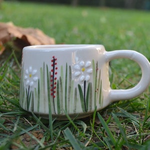 Ceramic Coffee Mug, Boho Tea Cups, Morning Clay Cup, Latte Pottery Mug Handle, Flower Designs, Coffee Lover Christmas Gift