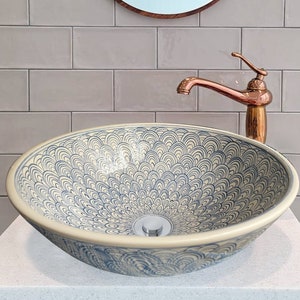Bathroom Vessel Sink & Japanese Wave Pattern, Ceramic Sink Bowl, Countertop Basin, Toilet Sink, Bath Remodel, Bath Vanity, Glossy Washbasin