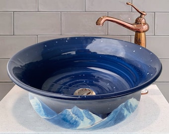 Night & Moon Navy Blue Washbasin, Master Bathroom Ceramic Vessel Sink, Countertop Basin, Bowl Sink, Guest Bath Renovation, Vanity Washstand