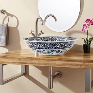Floral Patterned Basin Sink, Ceramic Countertop Basin, Handmade Round Bathroom Vessel Sink, Blue White Ceramic Washbasin, Vanity Wash Bowl
