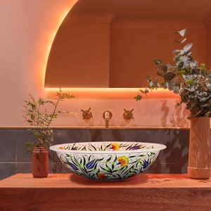 Colorful flowers hand painted Sink, Round Washbasin, Turkish Ceramics handmade sink, hand painted kitchen sink, lavabot, Round Bathroom sink