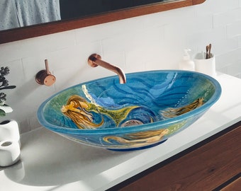 Unique Bathroom Ceramic Siren Washbasin, Mermaid & Bathroom Above Countertop Basin, Vanity Sink, Bathroom Remodeling, Sink for Half Bathroom