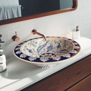 Bathroom Blue Flower Wash Basin, Bathroom Ceramic Vessel Sink, Above Countertop Kitchen Basin, Bleu Blanc Sink, Lavatory, House Remodeling