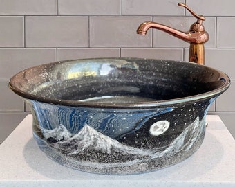 Bathroom Unique Night & Moon Washbasin, Ceramic Vessel Sink, Above Countertop Basin, Bowl Sink, Guest Bathroom Renovation, Vanity Washstand