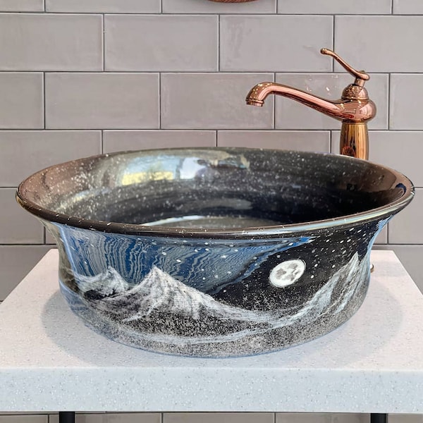 Bathroom Unique Night & Moon Washbasin, Ceramic Vessel Sink, Above Countertop Basin, Bowl Sink, Guest Bathroom Renovation, Vanity Washstand