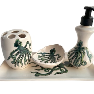 Bathroom Accessories Set with Octopus, Liquid Soap Dispenser, Toothbrush Holder, Soap Dish, Lotion Dispenser, Beach House Bath Decor, Ocean