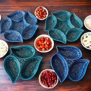 Multi Section Divided Serving Dish Platter, Turkish Ceramic Offering Bowl, Snack Tray, Appetizer Tapas Bowl, Decorative Keys Dish, Nuts Bowl