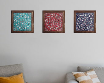Ceramic Wall Decor: Set of 3 Square Tile, 3d wall art, Colourful tile, Hand Paint Turkish Ceramic, Iznik & Azulejos Tile, 8" decorative tile