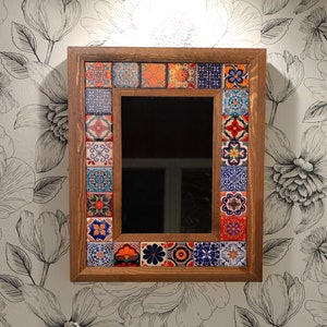 Decorative Ceramic Mirror, Wall Hanging Wooden Framed Above Console Mirror, New Home Gift, Talavera Tile, Mosaic Rectangle Deco, Living Room
