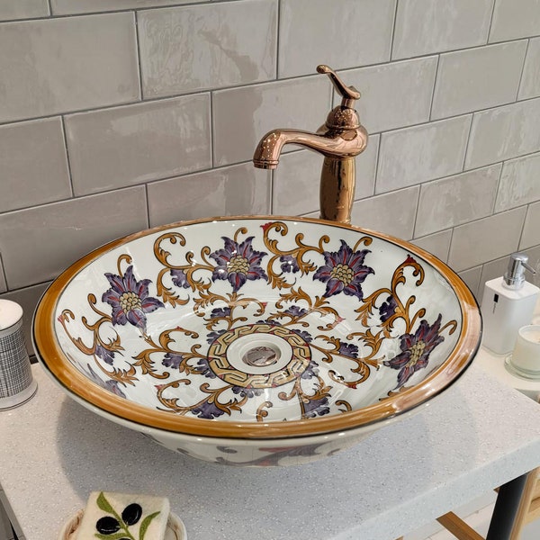 Bathroom Countertop V Shaped Sink, Porcelain Washbasin, Sink, Floral Garden Ceramic Basin, Boho Style Kitchen Decor, Vessel Sink, Sink Bowl