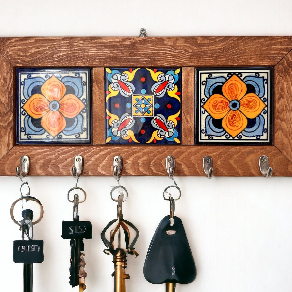 Wall Key Holder & 6 Keys Hooks, Rustic Storage Shelf and Hook, Farmhouse Entryway Decor, Hall Tidy, Mail Organizer, Hanging Tiled Key Rack - Etsy