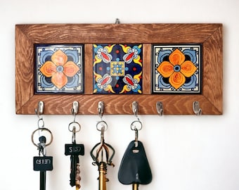 Wall Key Holder & 6 Keys Hooks, Rustic Storage Shelf Hook, Entryway Decor, Hall Tidy, Mail Organizer, Hanging Tiled Key Rack, Christmas Gift