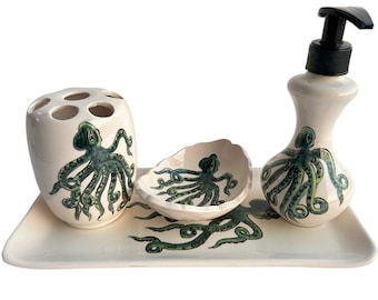 Bathroom Accessories Set with Octopus, Liquid Soap Dispenser, Toothbrush Holder, Soap Dish, Lotion Dispenser, Beach House Bath Decor, Ocean