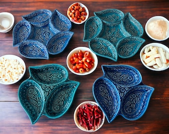 Multi Section Divided Serving Dish Platter, Turkish Ceramic Offering Bowl, Snack Tray, Appetizer Tapas Bowl, Decorative Keys Dish, Nuts Bowl