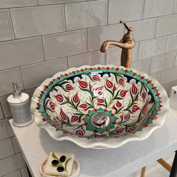 Bathroom Remodeling Sink, Curvy edge, Hand painted Countertop Basin, handmade pottery bowl sink, Mediterranean Sink, Bathroom inspiration