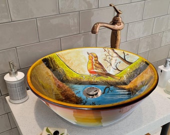 Bathroom Vanity Vessel Sink, Bird Washbasin, Half Bathroom Sink, Pottery Round Decorative Sink, Ceramic Bathroom Decor, Bathroom Remodeling