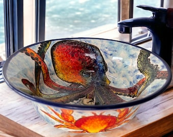Bathroom Octopus & Crab Vessel Sink, Above Countertop Basin, Bowl Sink Lavatory, Bathroom Remodeling, Glossy Washbowl, Vanity Coastal Basin