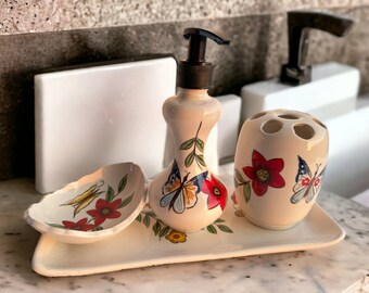 Bathroom Countertop Accessories with Butterflies, Liquid Soap Dispenser, Toothbrush Holder, Soap Dish, Lotion Dispenser, Bathroom Decor