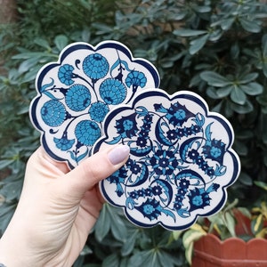 Absorbent Ceramic Coasters, Holiday Present for Friends, Beautiful Coasters With Holder, 4x Turkish Ceramic Coaster Set, Mug Coffee Coaster
