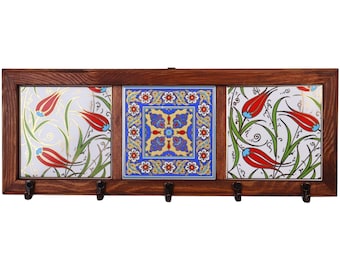 Perchero organizador de llaves de madera con azulejos, soporte para llaves de pared y gancho para 5 llaves, soporte decorativo para llaves de correo, decoración rústica para la entrada del hogar, organizador de pasillo