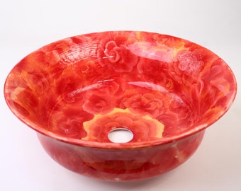 Bathroom Vessel Sink, Watercolor Artisan Red Floral Washbasin, Ceramic Countertop Art Basin, Vanity Top Sink, Downstairs Toilet Remodeling