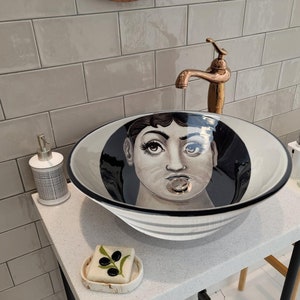 Round Bathroom Vessel Sink, Woman, Ceramic Above Counter Sink Art Basin, Bathroom Vessel Vanity Sink, Master Parents Bathroom Remodeling