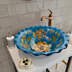 Round Bathroom Vessel Sink, Blue Fish Ceramic Above Counter Sink Art Basin, Bathroom Vessel Vanity Sink, Master Parents Bathroom Remodeling