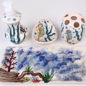 Bathroom Accessories Set with Sea Horse Design, Liquid Soap Dispenser & Pump, Toothbrush Holder, Soap Dish, Lotion Dispenser, Bath Gifts
