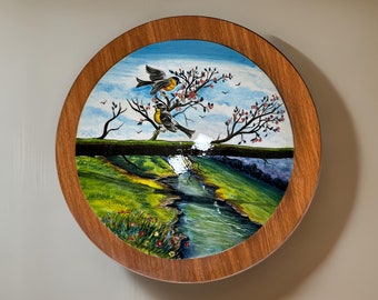 Mesa de centro ou mesa de cabeceira, mesa com azulejos de cerâmica turca pintados com pássaros, suporte para laptop, mesa de apoio estilo meados do século XX, suporte para plantas