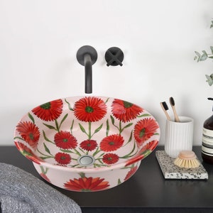 Gerbera Daisies Bathroom Vessel Sink, Ceramic Countertop Basin, Wash Bowl, Vanity Sink, Bathroom Remodeling, Small Toilet, Kitchen Washbasin