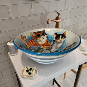 Bathroom Cats Vessel Sink, Animal Washbasin, Half Bathroom Pottery Round Sink, Ceramic Bathroom Hand Crafted Sink, Guest Bathroom Remodeling