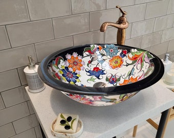 Unique Flower Design Bathroom Sink, Ceramic Round Washbasin, Vanity Vessel Sink with Black Rim, Powder Room Sink, Guest Bathroom Remodeling