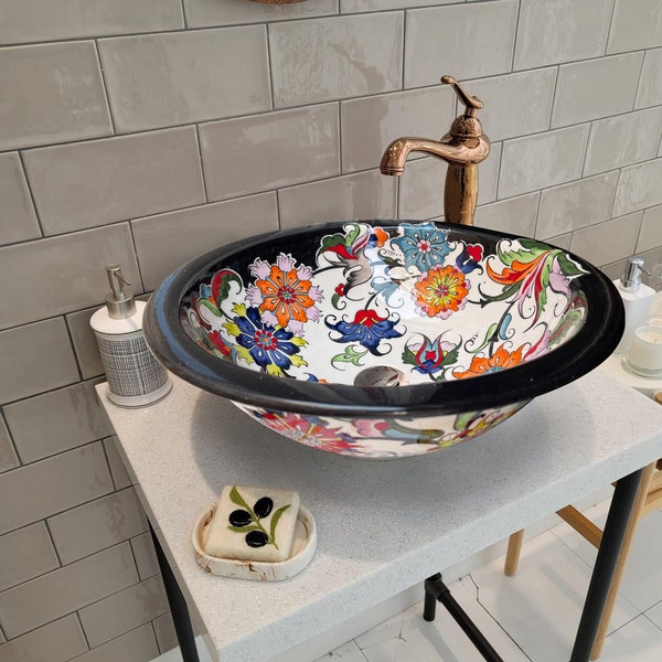 Lavabo de baño de diseño floral único, lavabo redondo de cerámica, lavabo de tocador con borde negro, lavabo de tocador, remodelación del baño de visitas