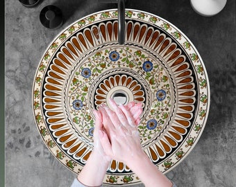 Ceramic Bathroom Vessel Sink, Countertop Basin, Hand Painted Basin, Pottery Sink, Washbasin, Mediterranean Decorative Sink, Bathroom Remodel