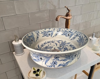 Bathroom Vanity Vessel Sink, Floral Washbasin, Half Bathroom Sink, Pottery Round Decorative Sink, Ceramic Bathroom Deco, Bathroom Remodeling