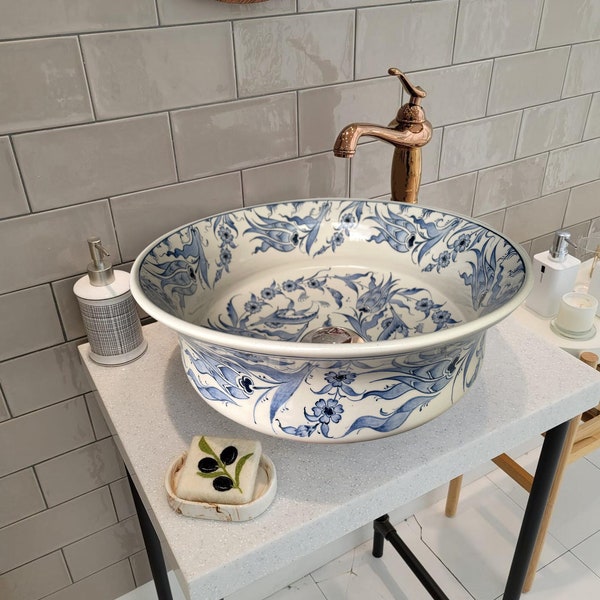Bathroom Vanity Vessel Sink, Floral Washbasin, Half Bathroom Sink, Pottery Round Decorative Sink, Ceramic Bathroom Deco, Bathroom Remodeling