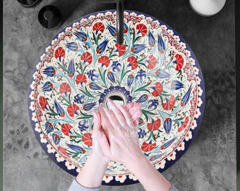 Lavabo de cerámica ancho, Siente el arte, Lavabo de encastre para baño, Lavabo de encimera, Lavabo de cerámica, Lavabo de cerámica Iznik, Remodelación de baños